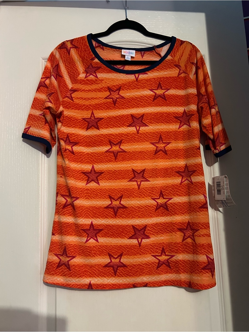 LuLaRoe Gigi Americana Orange Star Short Sleeve Tee Navy Trim xl